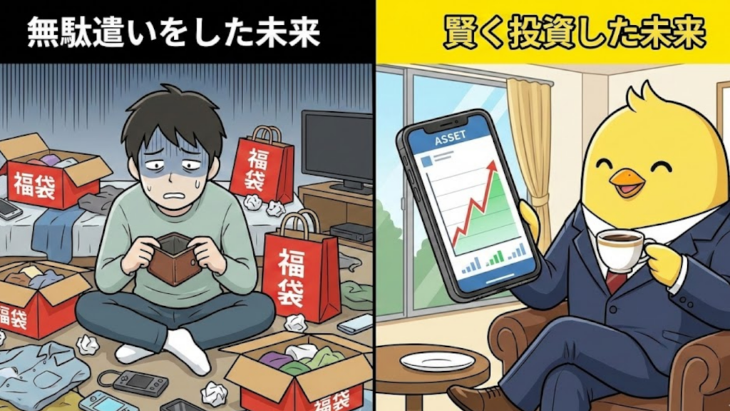 散財して部屋が物で溢れかえっている人と、スマホで資産残高が増えているのを見て優雅にお茶を飲んでいるヒヨコの対比イラスト