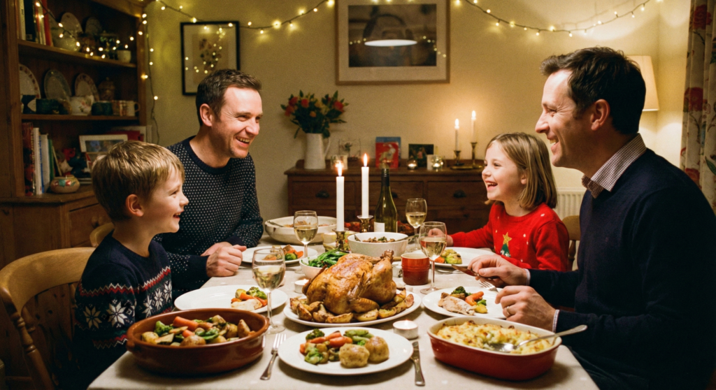 無駄なモノに囲まれるのではなく、大切な家族や友人と笑顔で食卓を囲み、温かい時間を過ごしているクリスマスの写真。