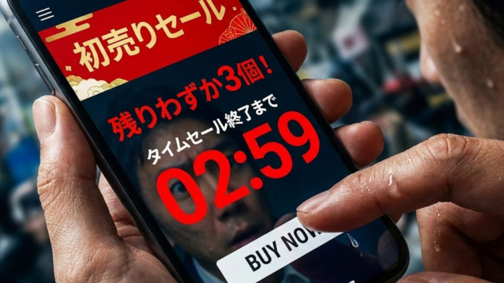「残り3個」「タイムセール終了まで05:00」という赤文字に煽られ、汗をかきながらクリックしようとする手のアップ