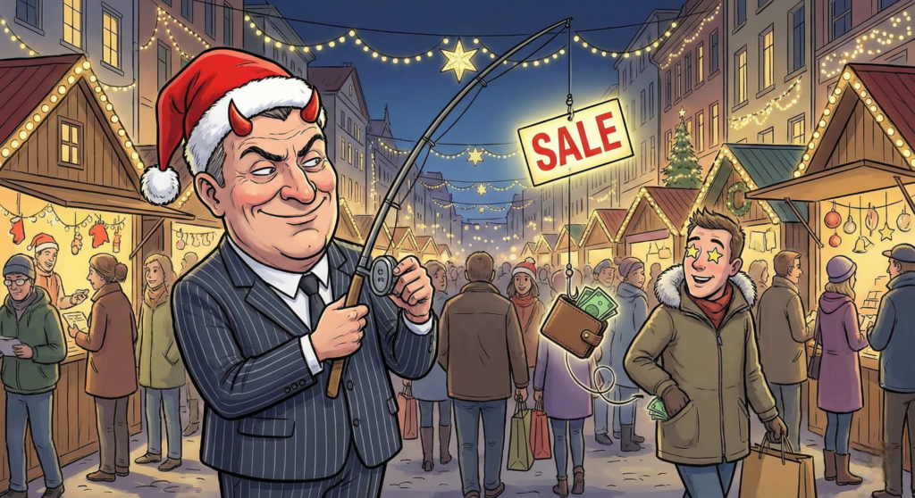 煌びやかなクリスマスセールの裏で、売り手が消費者の財布を狙っている様子の風刺イラスト。