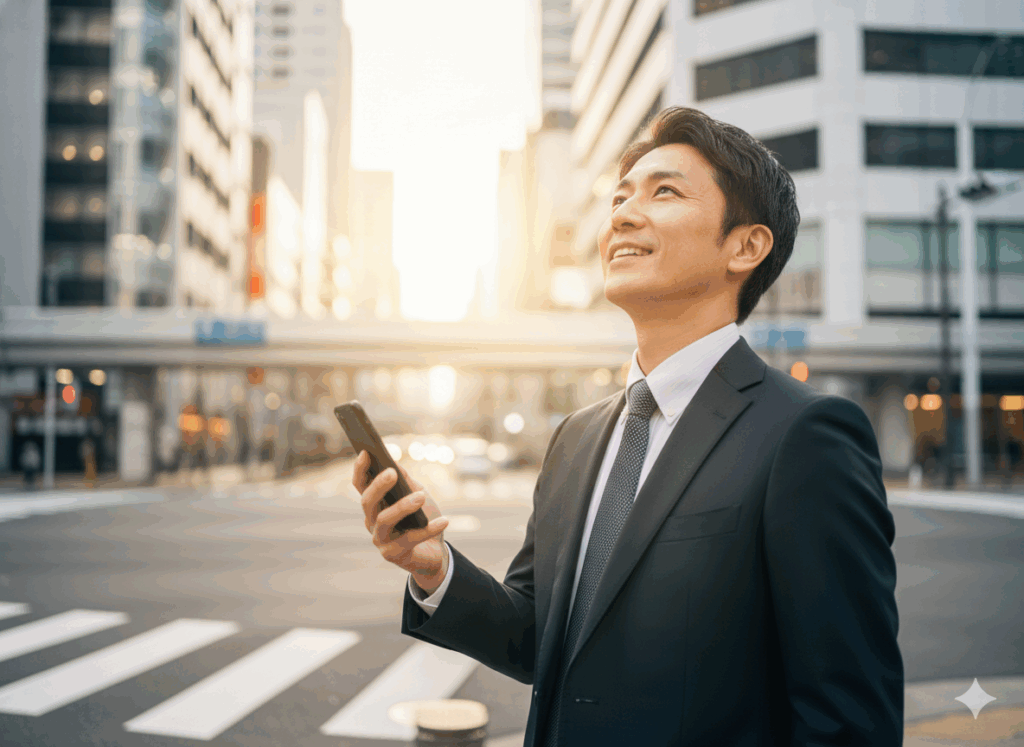 冬の街角で、スーツを着た日本人男性がスマホでスケジュールを確認し、自信に満ちた笑顔を見せている写真