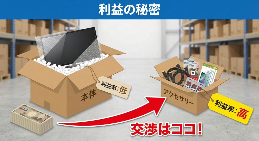 利益率の高いHDMIケーブルやSDカードなどの家電アクセサリーのイラスト