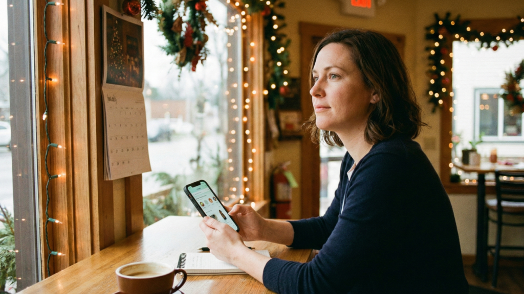 スマートフォンで商品を見ながら、一息ついてカレンダーを見ている賢い消費者のイメージ写真。