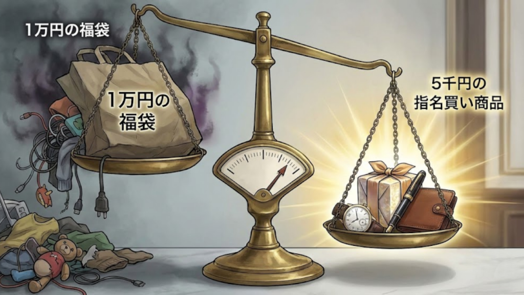 天秤の左側に「福袋（1万円）」、右側に「自分の好みの服（5千円）」が乗っているが、右側の「好みの服」の方が重く（価値が高く）描かれている図