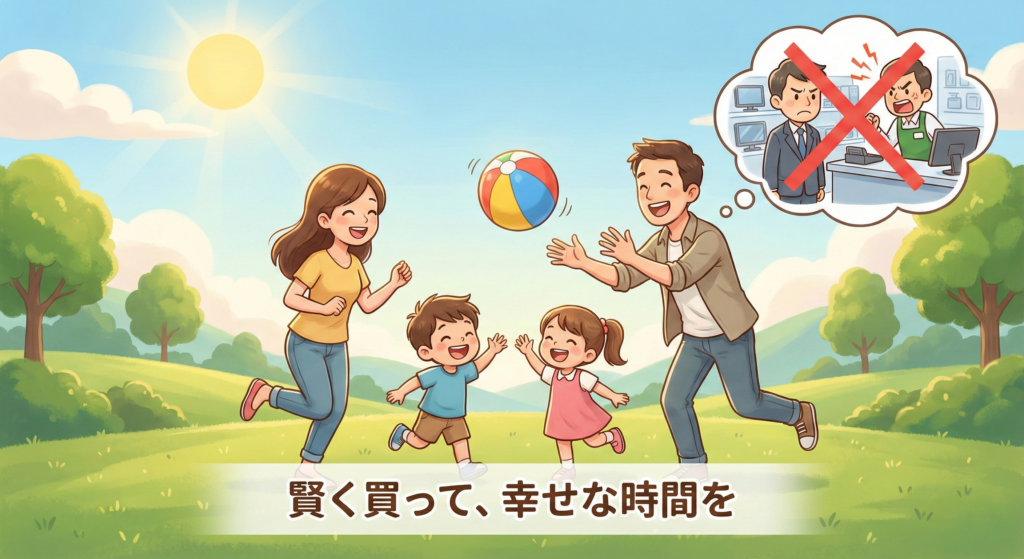 自宅のソファでくつろぎながらタブレットでネットショッピングを楽しむ家族のイラスト