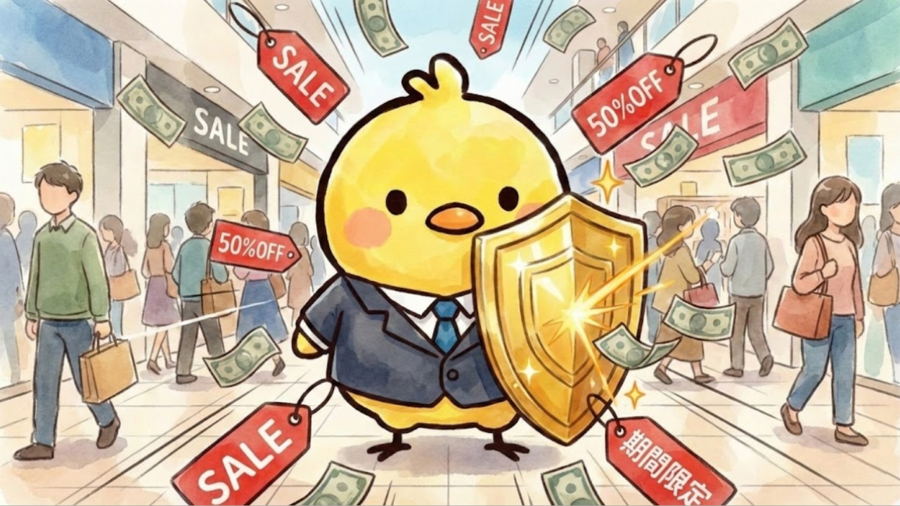 札束が飛び交うセール会場で、黄金の盾を構えて仁王立ちするスーツ姿のヒヨコ（ピヨ部長）