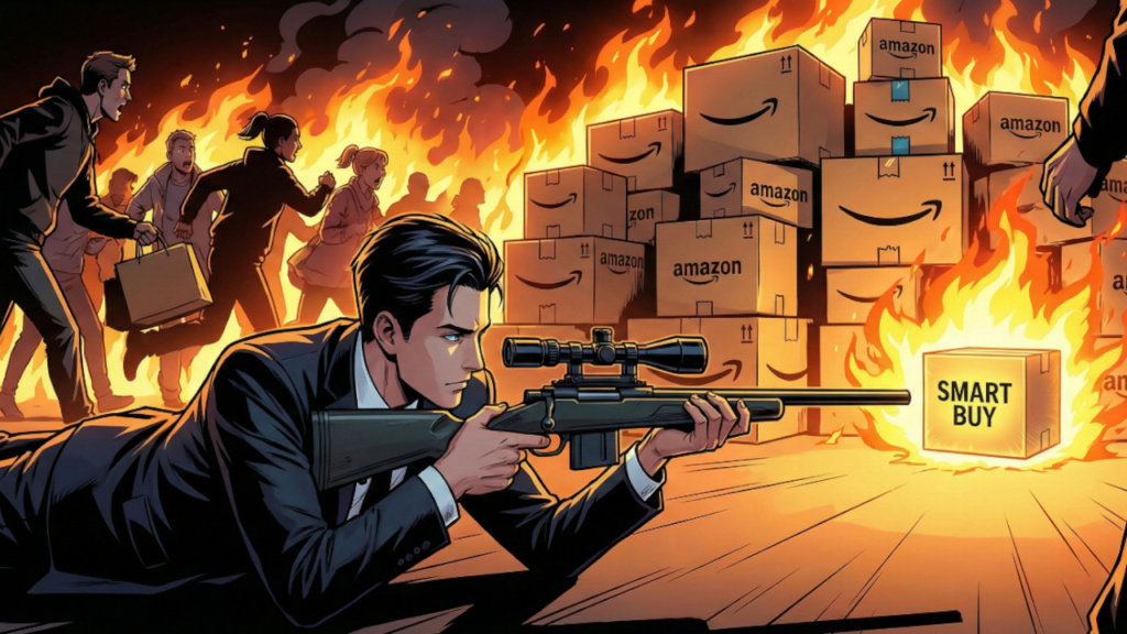 燃え盛る「SALE」の文字とAmazonのダンボールの山。その手前で、スコープ付きライフルを構え、冷静に獲物を見定めるスーツ姿の人物。