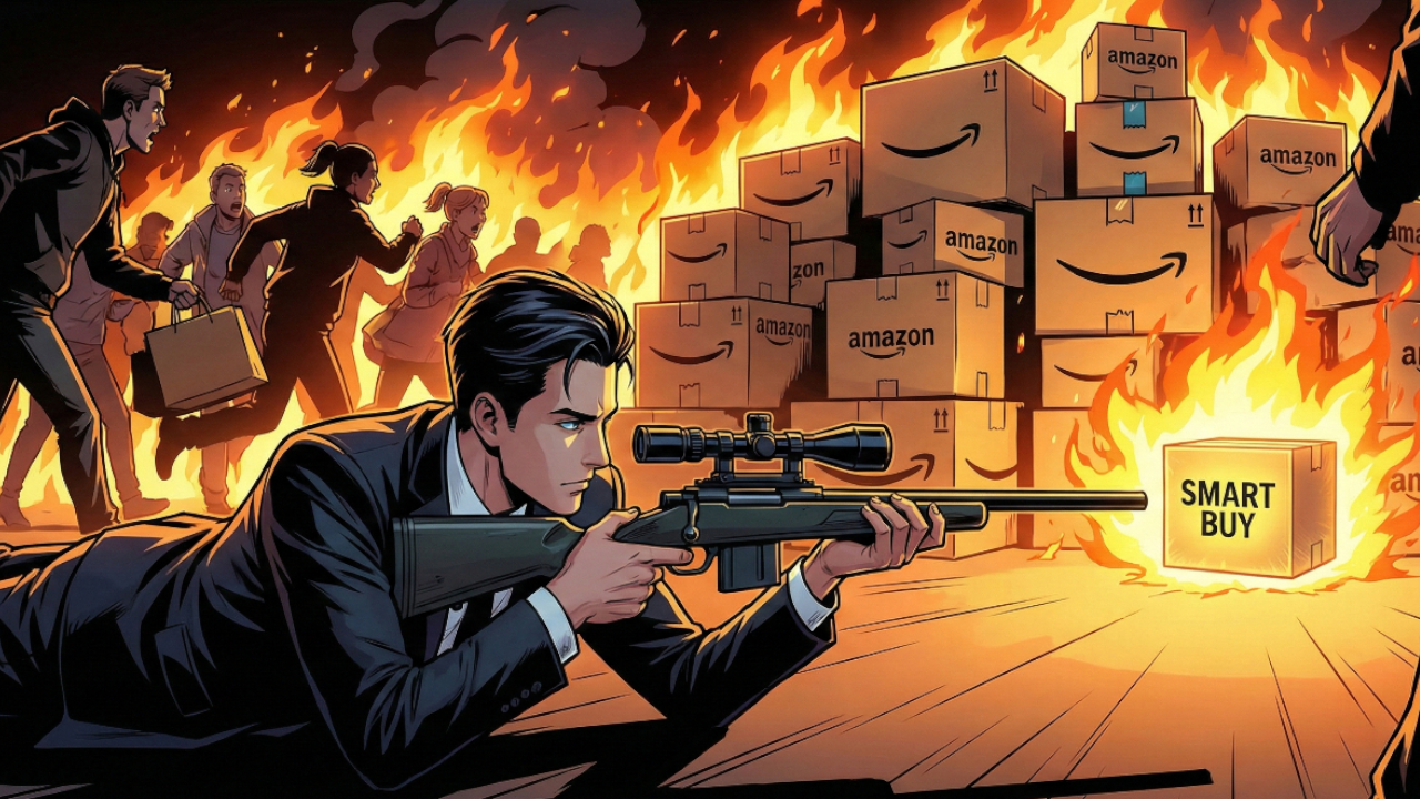燃え盛る「SALE」の文字とAmazonのダンボールの山。その手前で、スコープ付きライフルを構え、冷静に獲物を見定めるスーツ姿の人物。