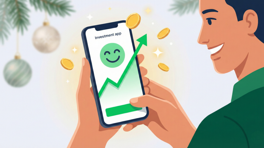 スマホで投資グラフを見ながら、資産が増えていることを確認して微笑む人のイメージイラスト。