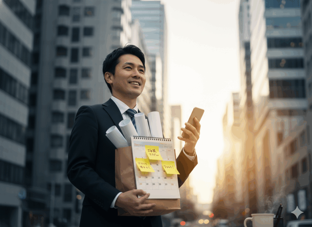 大量のカレンダー入りの紙袋を持ち、寒空の下で疲れた表情を浮かべる日本人男性営業マン