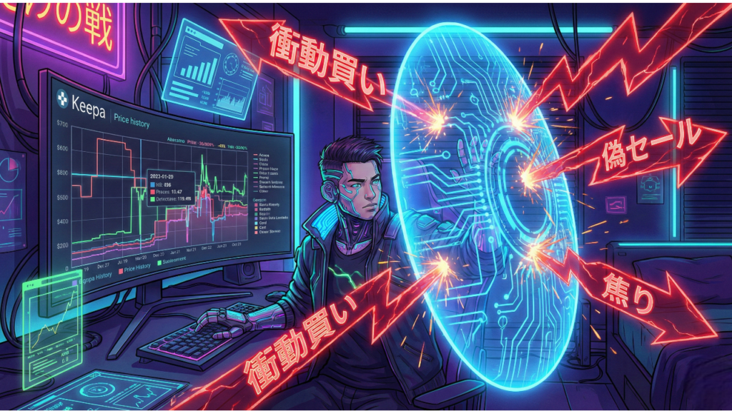 パソコン画面から飛び出す「SALE」「％OFF」という矢を、輝く盾で防いでいるユーザーのイラスト。