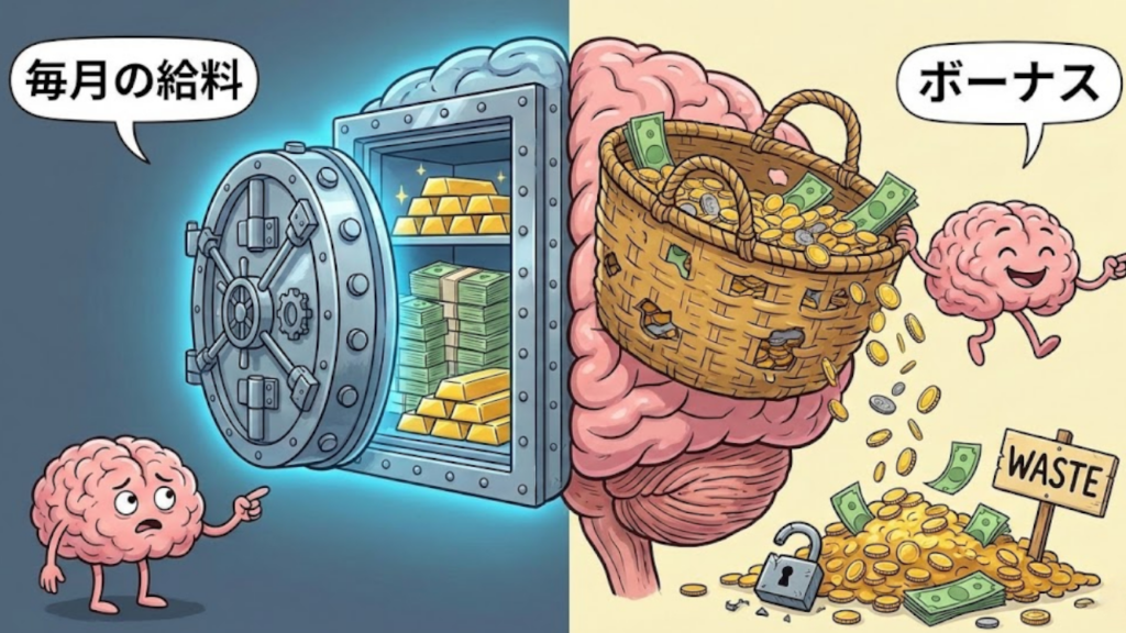 脳内で「給料」は頑丈な金庫に入り、「ボーナス」はザルのようなカゴに入ってこぼれ落ちているイラスト