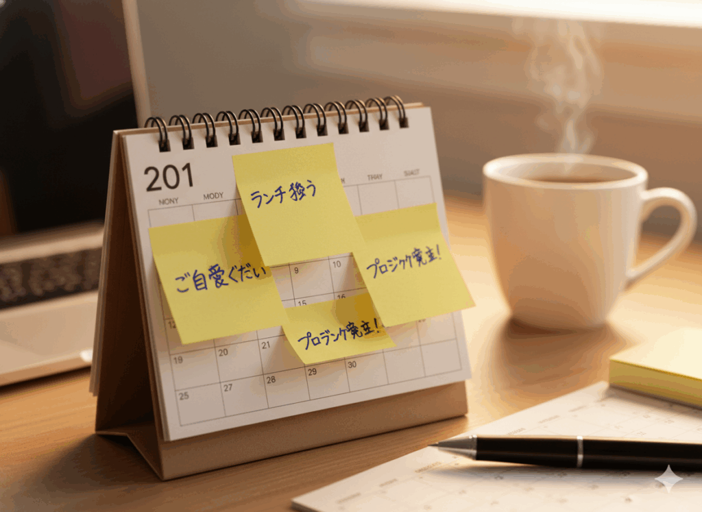 デスクの上に置かれた2026年のカレンダー。その上に「ご自愛ください」と手書きされた付箋が貼られているクローズアップ写真