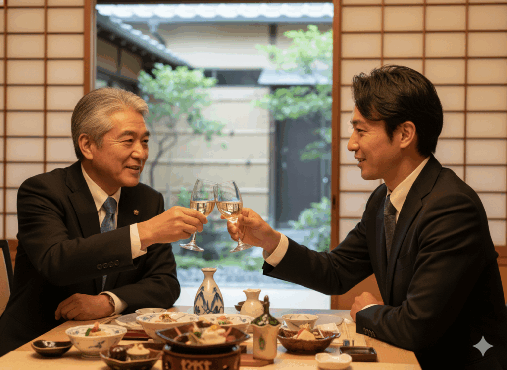 日本のビジネス会食 接待 乾杯 笑顔 信頼関係 高級和食店