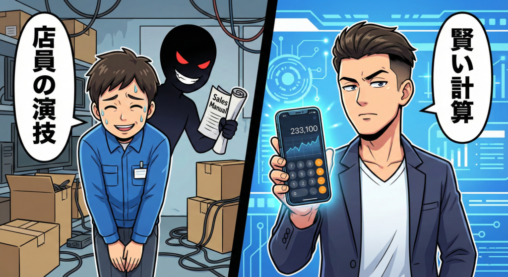 家電量販店の店員と顧客が値引き交渉をしている緊張感のあるイラスト