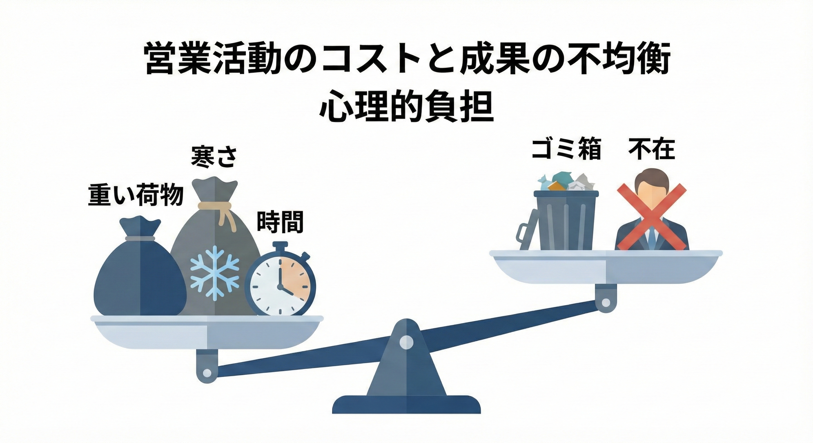 天秤のイラスト。左皿に「重い荷物・寒さ・時間」、右皿に「不在・ゴミ箱行き」が乗り、釣り合わずガッカリしている図解インフォグラフィック