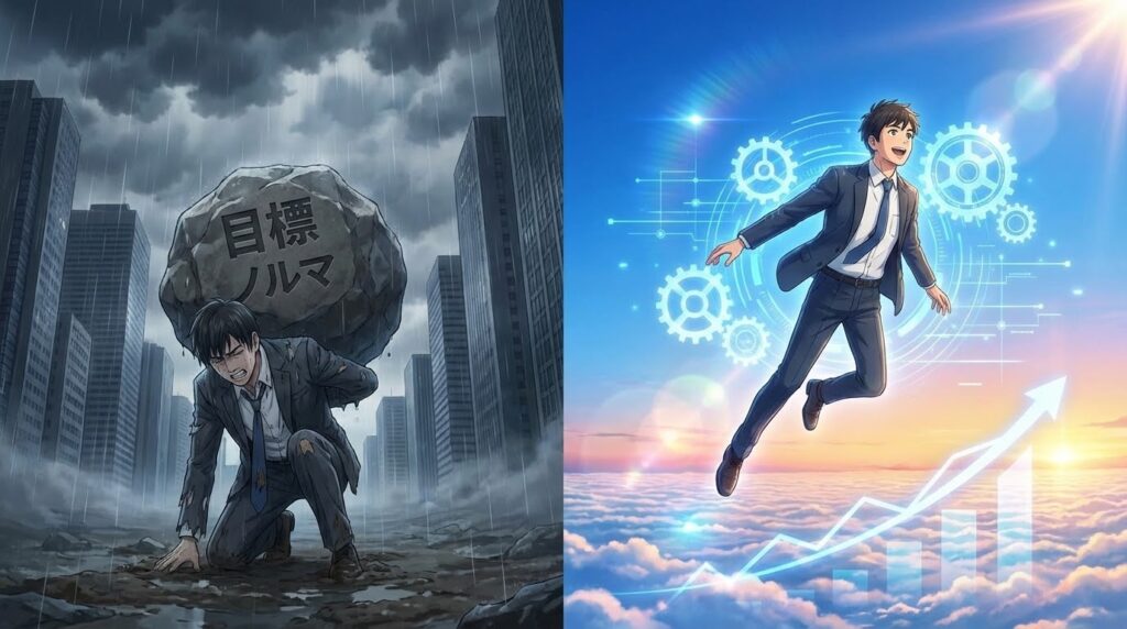 重いノルマの岩を背負って雨の中で苦しむ営業マンと、効率的なシステムの力で青空へと高く羽ばたく営業マンを対比させた、新海誠風のドラマチックなアニメーションイラスト