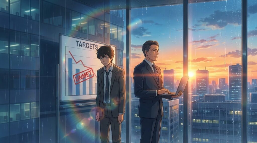 営業マンが目標の重圧に耐える図と、システムで楽に成果を出す図の比較