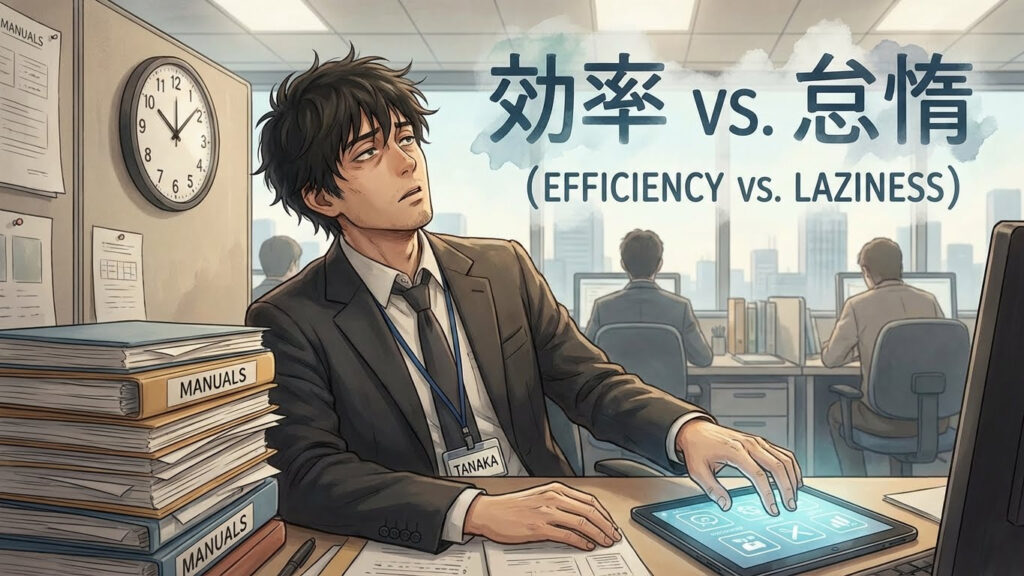 効率化とサボりの境界線に悩む営業マンのイラスト