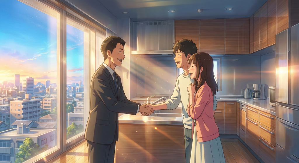 顧客感謝され、握手をする嬉しそうな営業マン