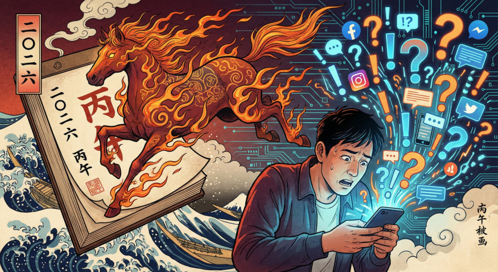 2026年のカレンダーと燃える馬のシルエット、スマートフォンを見つめて困惑する現代人のイラスト。