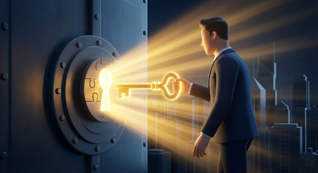 スーツを着た営業マンが、光り輝く鍵を使って巨大なパズル状の金庫の扉（顧客の心の象徴）を開け、まばゆい光が溢れ出している様子を描いた3Dイラスト。営業のアイスブレイクによる心理的障壁の突破と成功を表現。