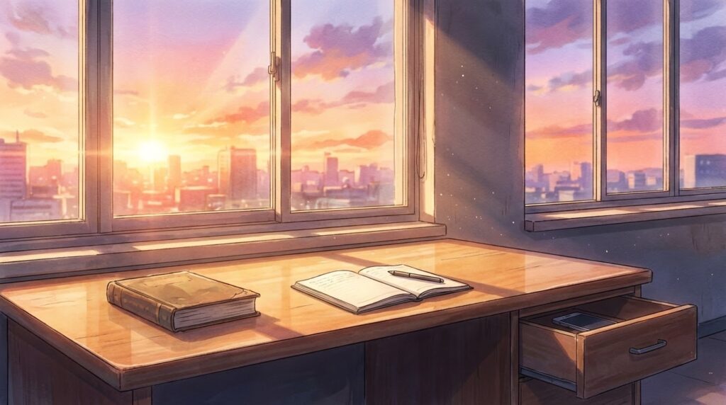 整理整頓され、仕事に集中できる環境と、散らかった環境の対比