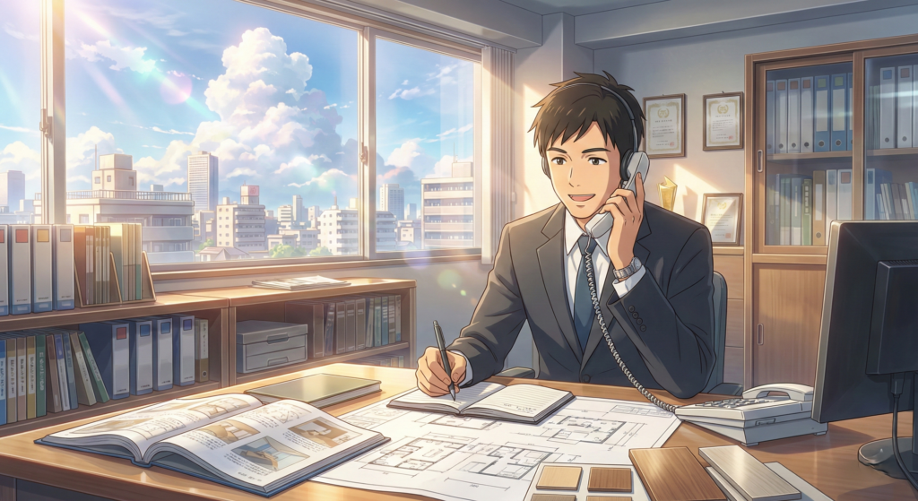 電話で笑顔で対応し、メモを取るリフォーム営業マンのイラスト