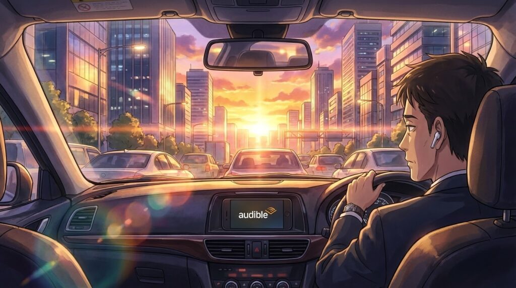 忙しいビジネスマンが効率的にインプットを行う様子