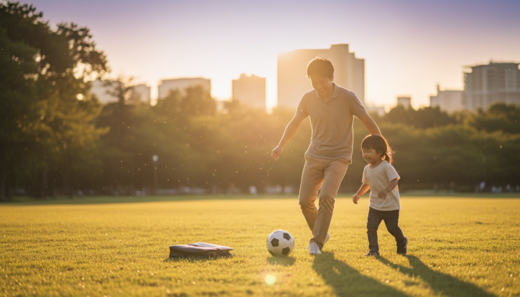休日に子供と公園でサッカーをしている画像