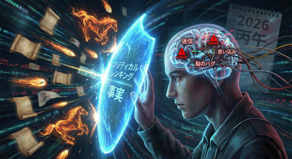 2026年と書かれた古い暦から飛び出す丙午の燃える馬と、スマートフォンから溢れる大量のSNSアイコンや記号に困惑する男性を描いた、浮世絵と現代アートが融合したアイキャッチ画像。