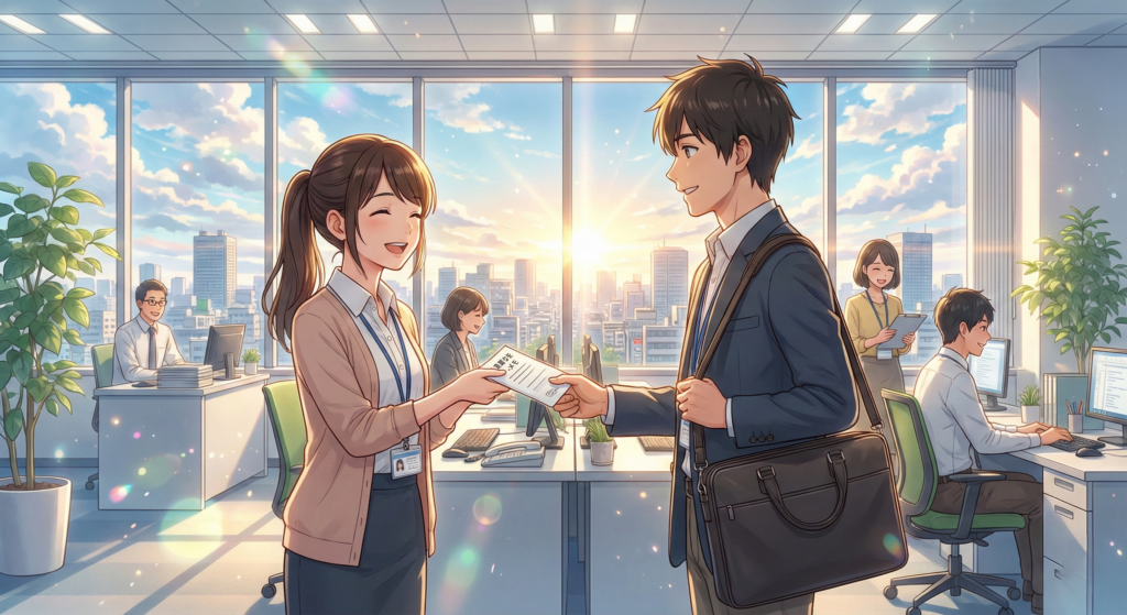 事務スタッフが営業マンに付箋でメモを渡す、連携の取れたオフィスの風景