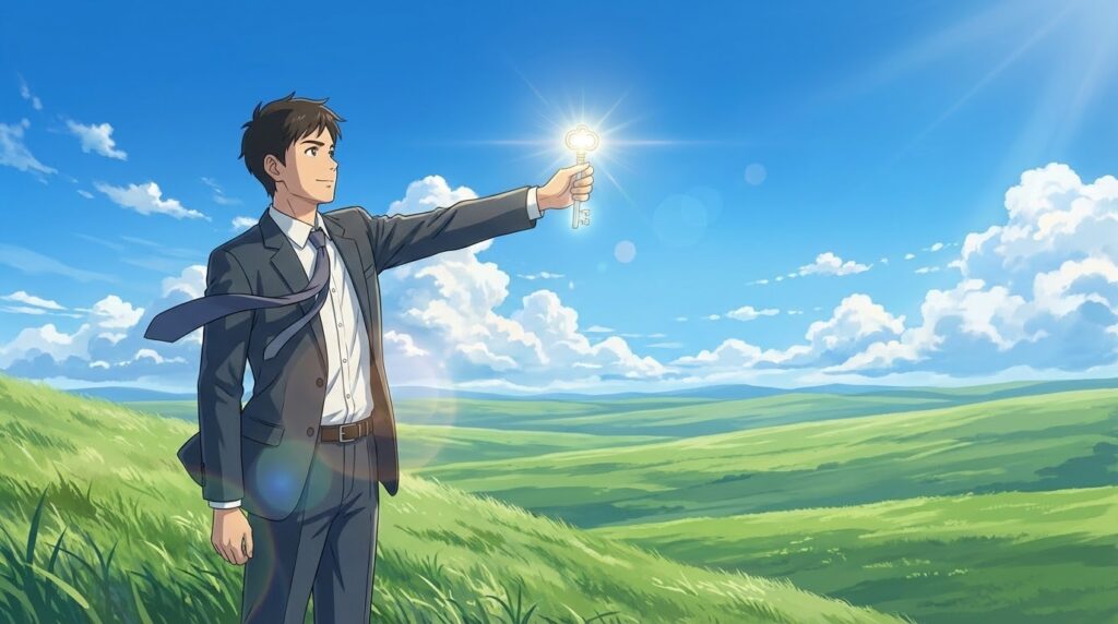 仕組み化を達成し、自信に満ちて歩くスーツの男性