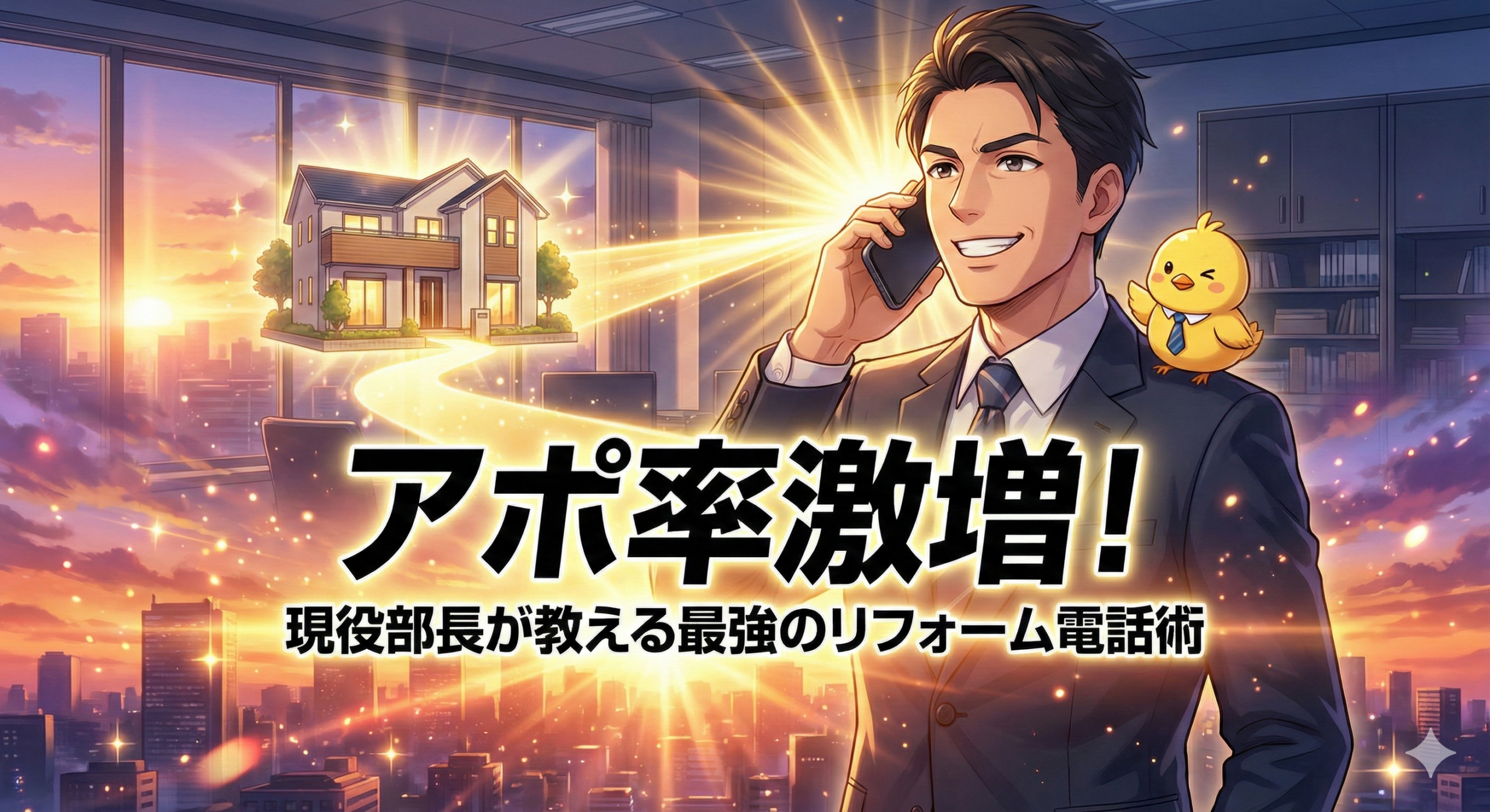 リフォーム会社の明るいオフィスで、笑顔で電話対応をしながら丁寧にメモを取る清潔感のある日本人営業マンのイラスト。新海誠監督風のアニメスタイル。