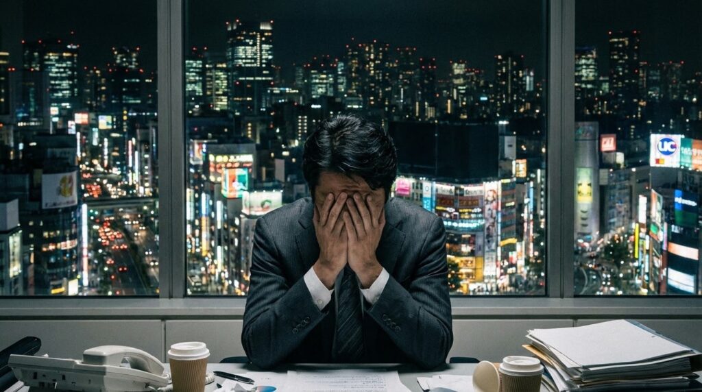 オフィスで頭を抱えるスーツ姿の男性と、窓の外に広がる都会の夜景