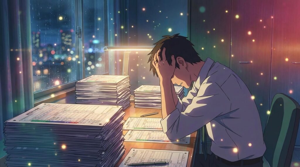 確定申告の書類の山を前にして絶望し、時計を気にする男性のアニメ風イラスト。新海誠監督が描いたような、夜の部屋の光と影のコントラストが美しい描写。