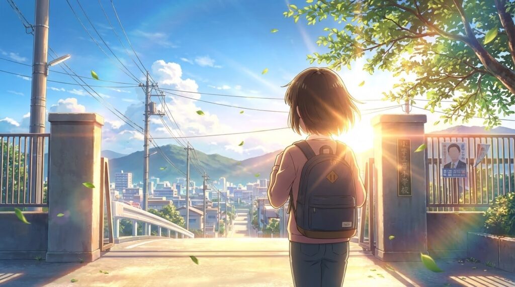 投票所の外で、晴れ渡る空を見上げる若者の背中を描いた美しいアニメ風のイラスト