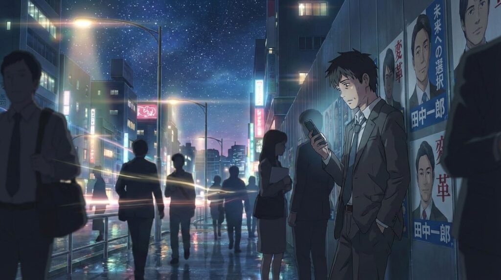 街頭演説の群衆と、人々の頭上に浮かぶ心理的な葛藤を描いたアニメ風のイラスト