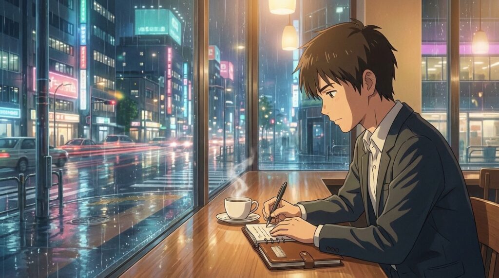 カフェで自分の人生の物語を書き換えるワークをしている人のイラスト