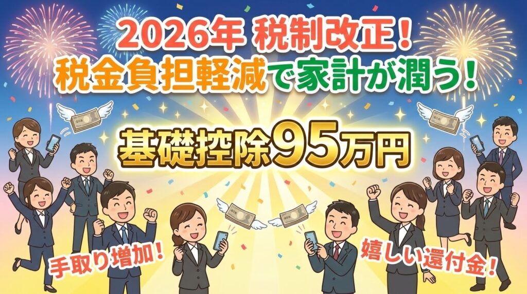  基礎控除95万円拡大や、スマホ申告の簡単さを強調した、ポジティブなイメージの日本語図解。