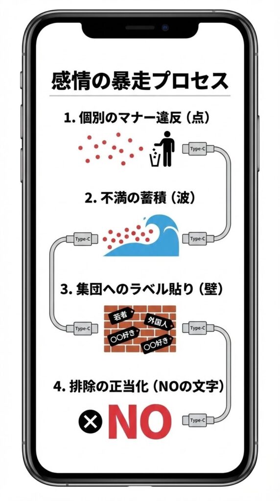 個別の不満が蓄積し、集団への偏見、そして排除行動へと至るプロセスの図解
