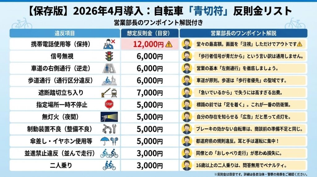 【保存版】2026年4月導入：自転車「青切符」反則金リスト