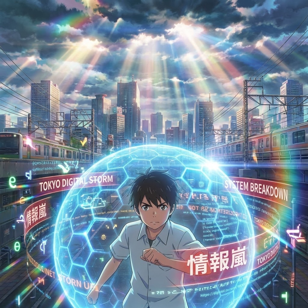 降り注ぐデジタルの光やノイズを、青い光の盾で防ぐ少年を描いた新海誠風のイラスト