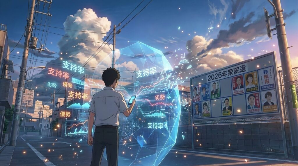 選挙の情勢報道やSNSのノイズを光の盾で防ぎ、美しい夕焼けの街に立つ若者のアニメ風イラスト。