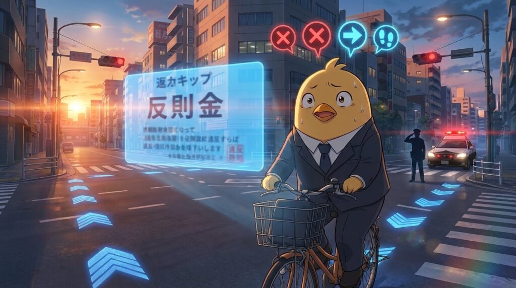 夕暮れの都会で自転車に乗り、目の前に現れた巨大な青切符の幻影に焦るスーツ姿のひよこキャラクター（営業部長ピヨ）。頭上には違反リスクとナッジによる安全な選択肢のアイコンが浮かび、心理的な葛藤と解決の糸口を新海誠風のアニメーションで表現している。