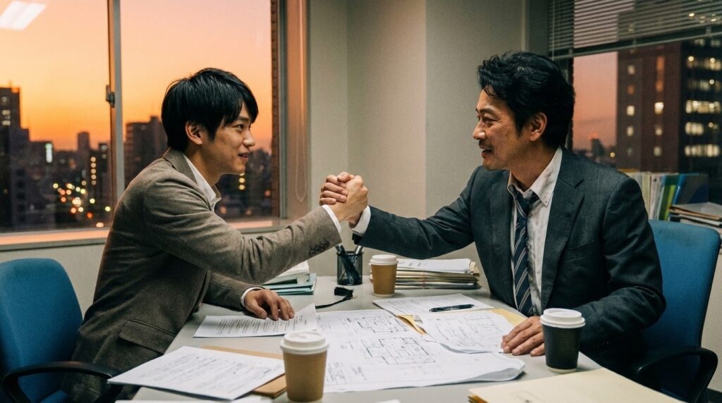 夕暮れのオフィスで、疲れ果てながらも達成感に満ちた表情で握手を交わす二人のビジネスパーソンの写真