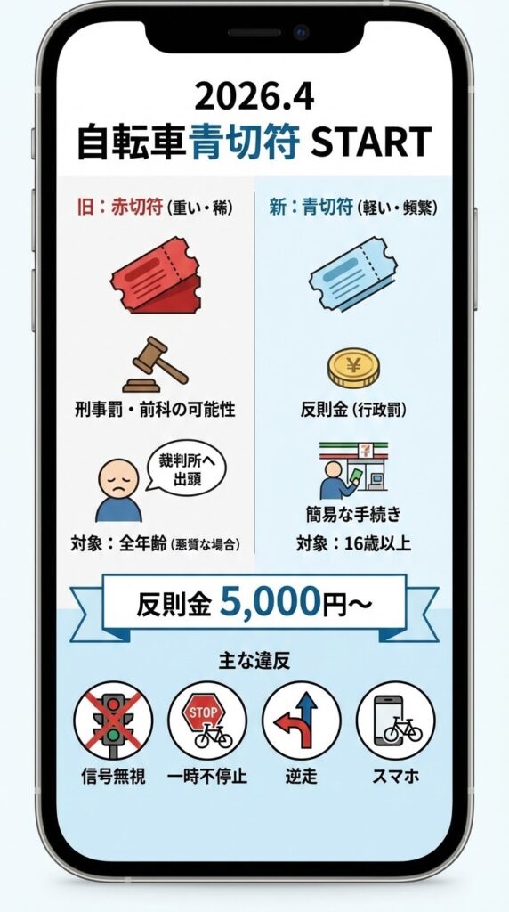 自転車の青切符と赤切符の違い、対象年齢、反則金の目安まとめ