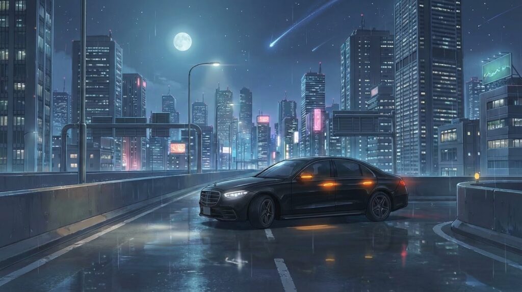 新海誠監督が描いたようなアニメ風の、美しい都会の夜景と、洗練された動きを見せる車のテールランプ。