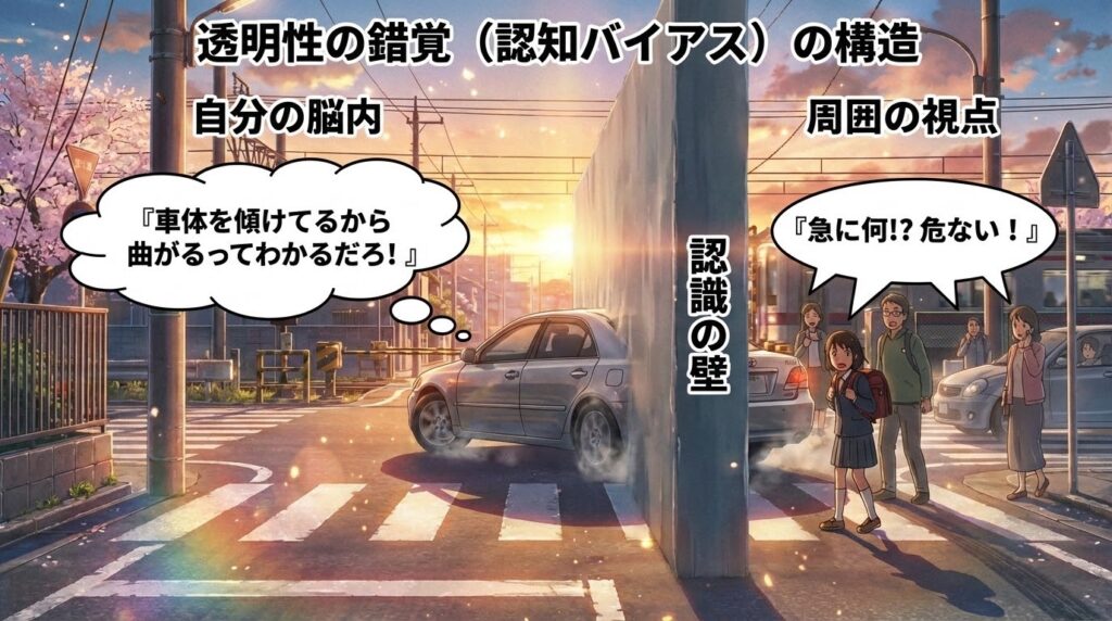 自分の意図が伝わっていると思い込むドライバーと、困惑する周囲の状況を図解化したインフォグラフィック