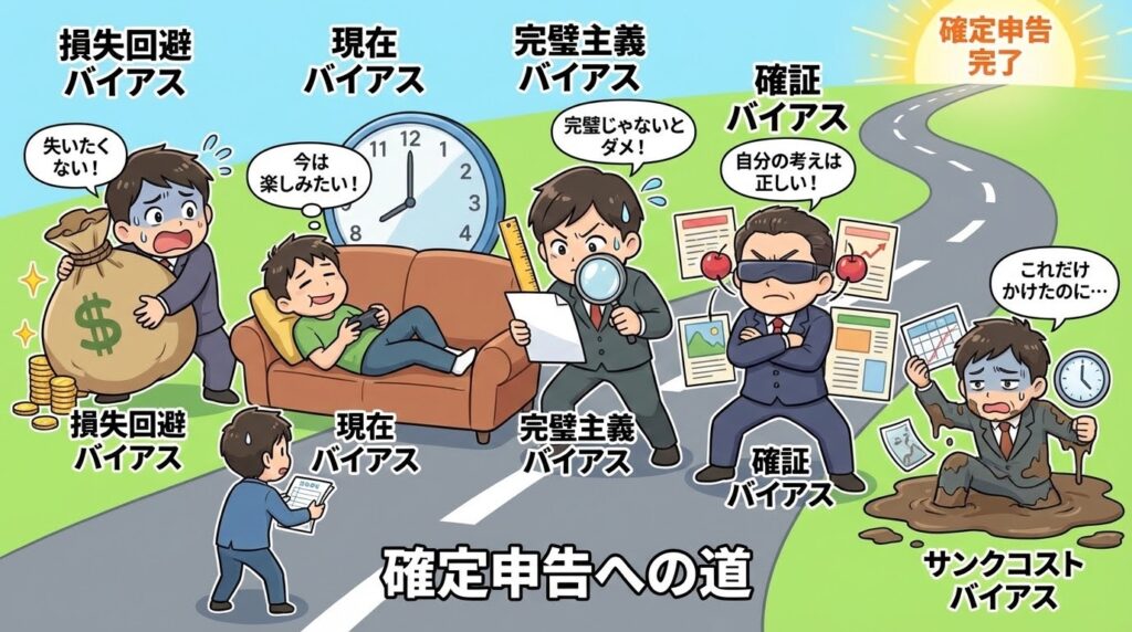 損失回避バイアス、現在バイアス、感情回避、完璧主義、締め切り中毒の5つをキャラ化した、分かりやすい日本語の解説図解。